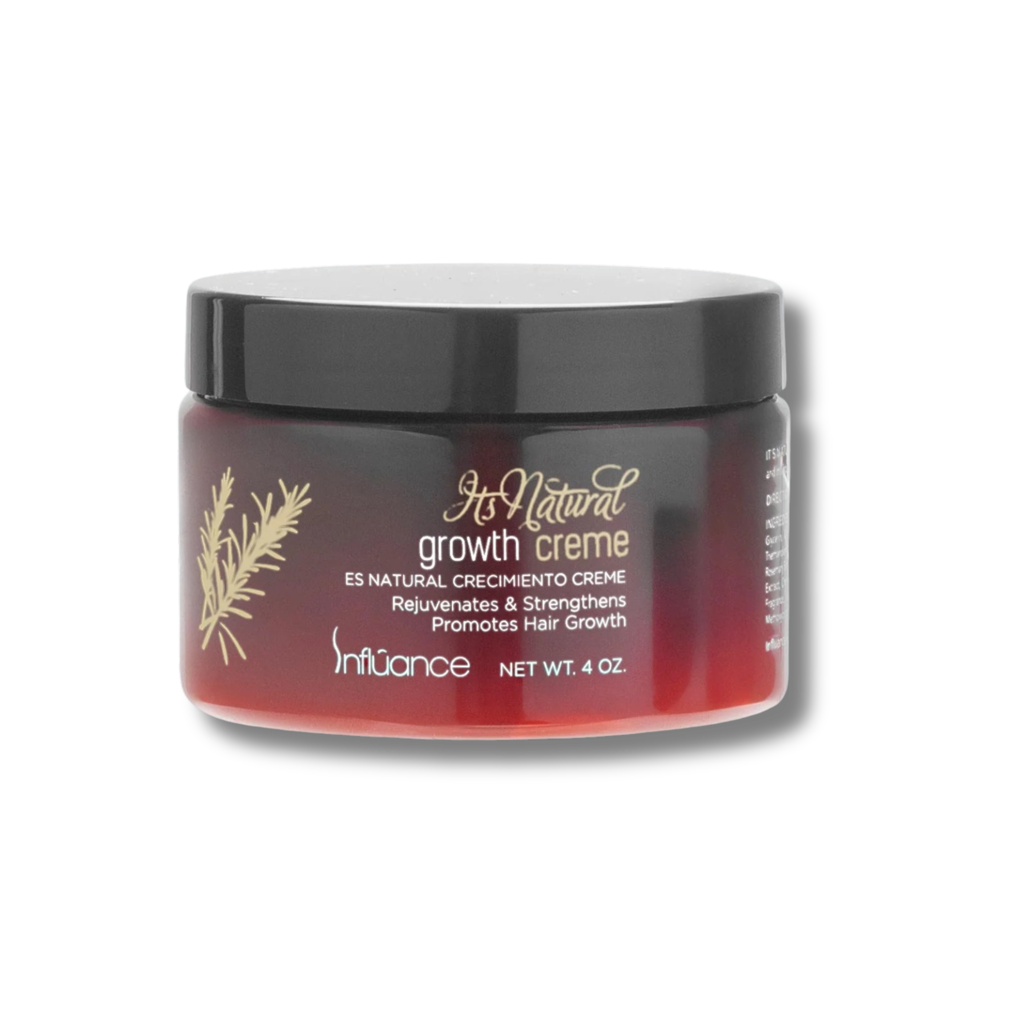 Jar of 'It's Natural' growth crème with black lid on a white background