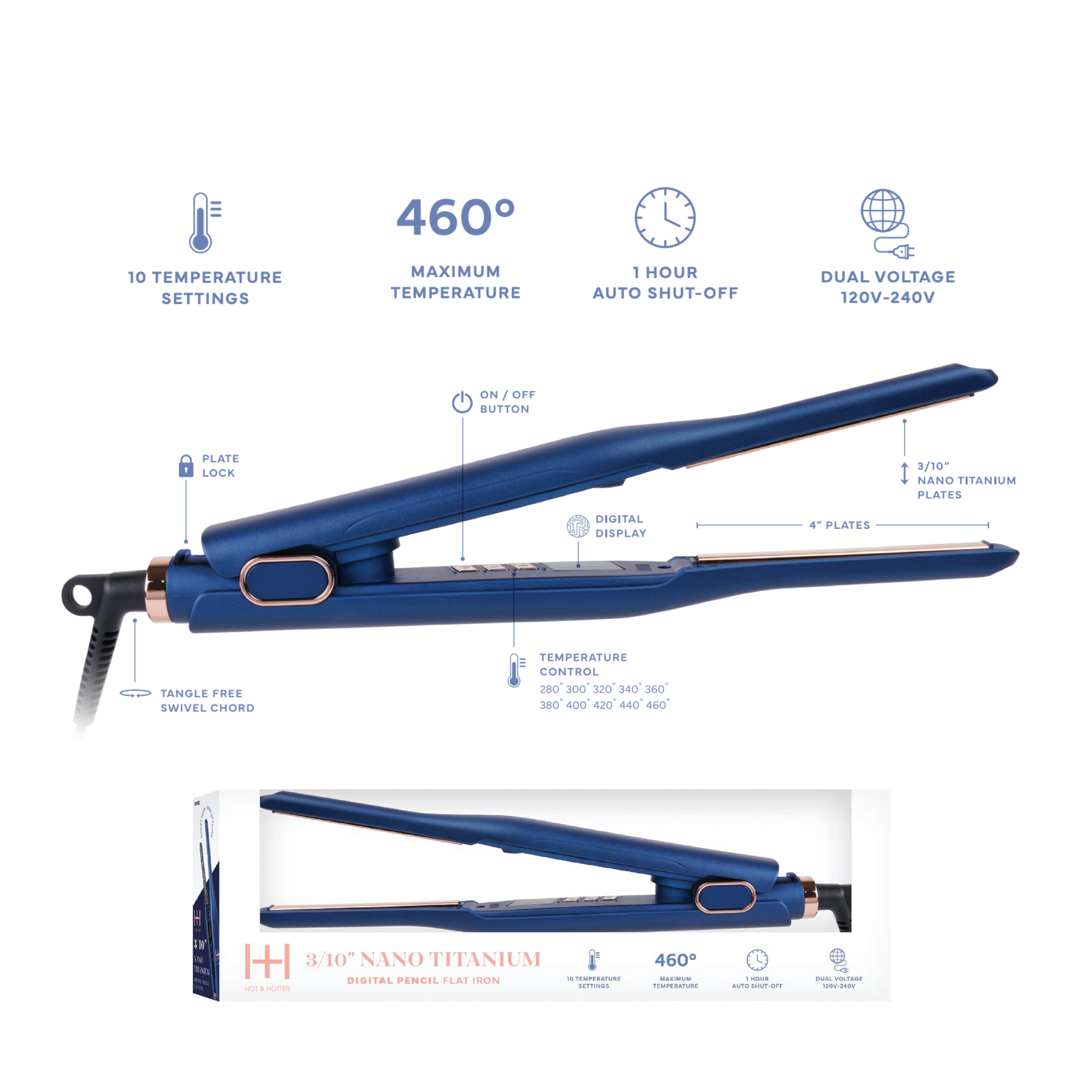 Hot & Hotter Nano Titanium Digital Pencil Flat Iron 3/10"